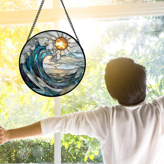 DASTOLL Stained Glass Window Hanging, Blue and White Waves Suncatcher Diamond Glass Panel Landscape Sun Catchers Decor for Birthday for Women, Men, Wife, Aunt, and Mom 7.8 in