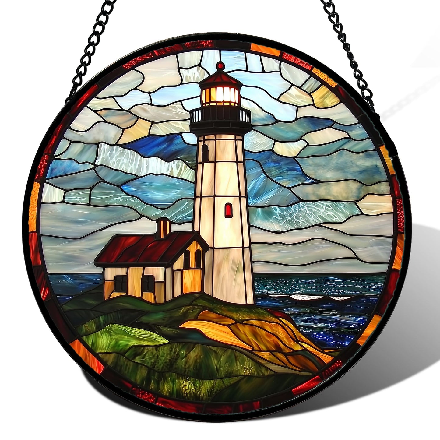 DASTOLL Stained Glass Window Hanging, Blue and White Waves Suncatcher Diamond Glass Panel Landscape Sun Catchers Decor for Birthday for Women, Men, Wife, Aunt, and Mom 7.8 in