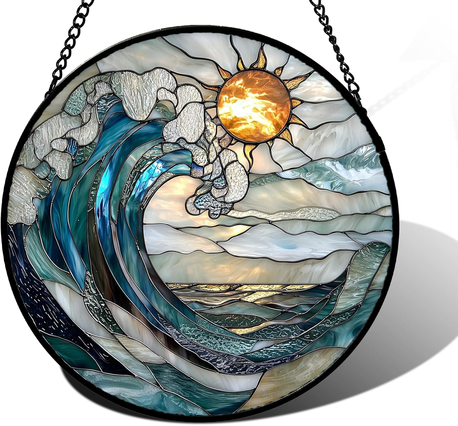 DASTOLL Stained Glass Window Hanging, Blue and White Waves Suncatcher Diamond Glass Panel Landscape Sun Catchers Decor for Birthday for Women, Men, Wife, Aunt, and Mom 7.8 in