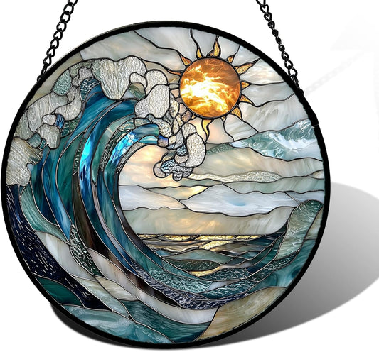 DASTOLL Stained Glass Window Hanging, Blue and White Waves Suncatcher Diamond Glass Panel Landscape Sun Catchers Decor for Birthday for Women, Men, Wife, Aunt, and Mom 7.8 in