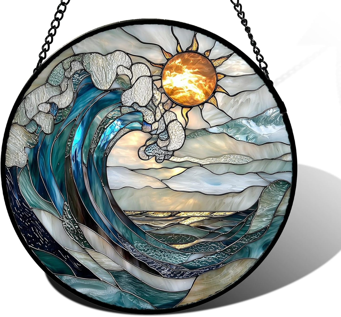 DASTOLL Stained Glass Window Hanging, Blue and White Waves Suncatcher Diamond Glass Panel Landscape Sun Catchers Decor for Birthday for Women, Men, Wife, Aunt, and Mom 7.8 in
