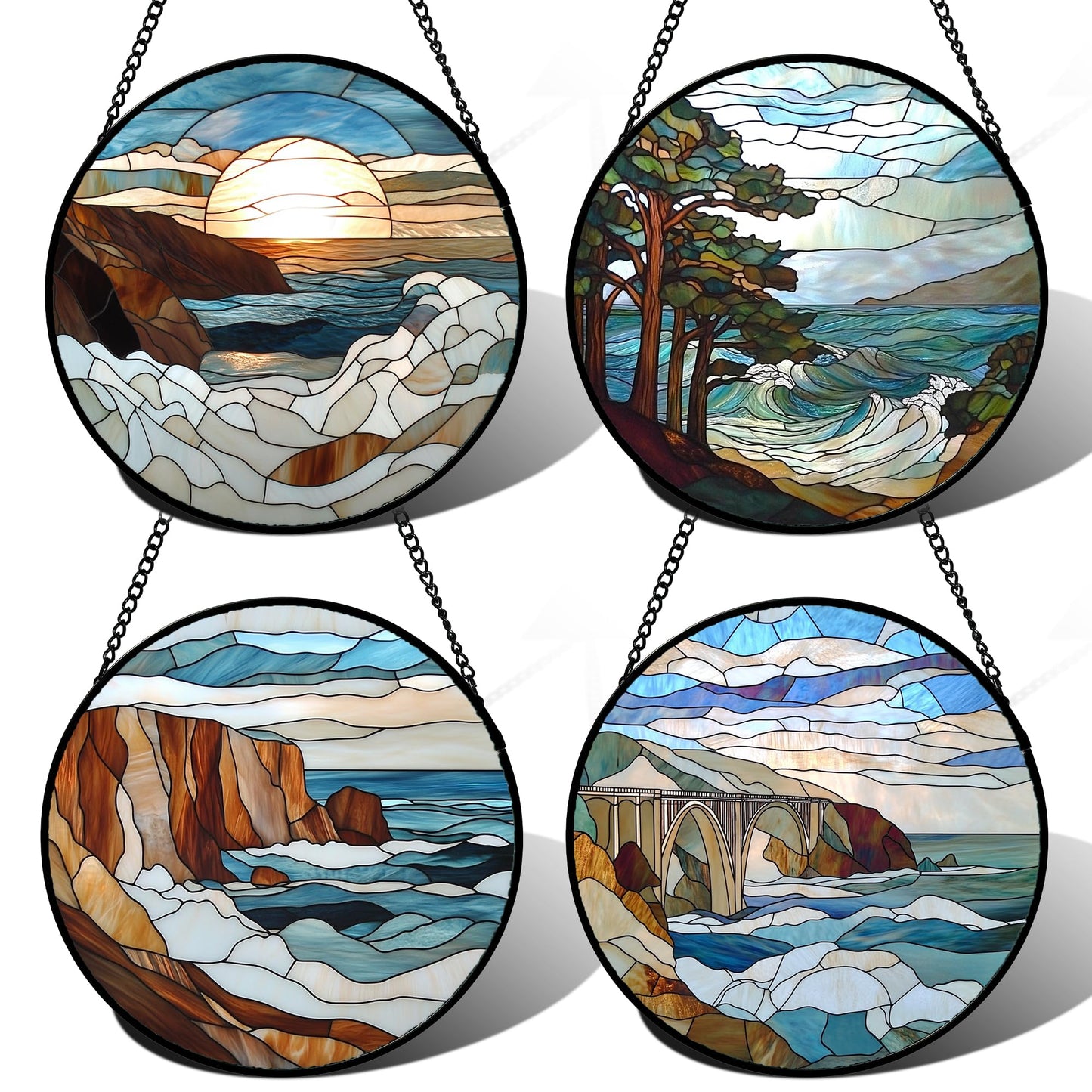 DASTOLL Stained Glass Window Hanging, Blue and White Waves Suncatcher Diamond Glass Panel Landscape Sun Catchers Decor for Birthday for Women, Men, Wife, Aunt, and Mom 7.8 in