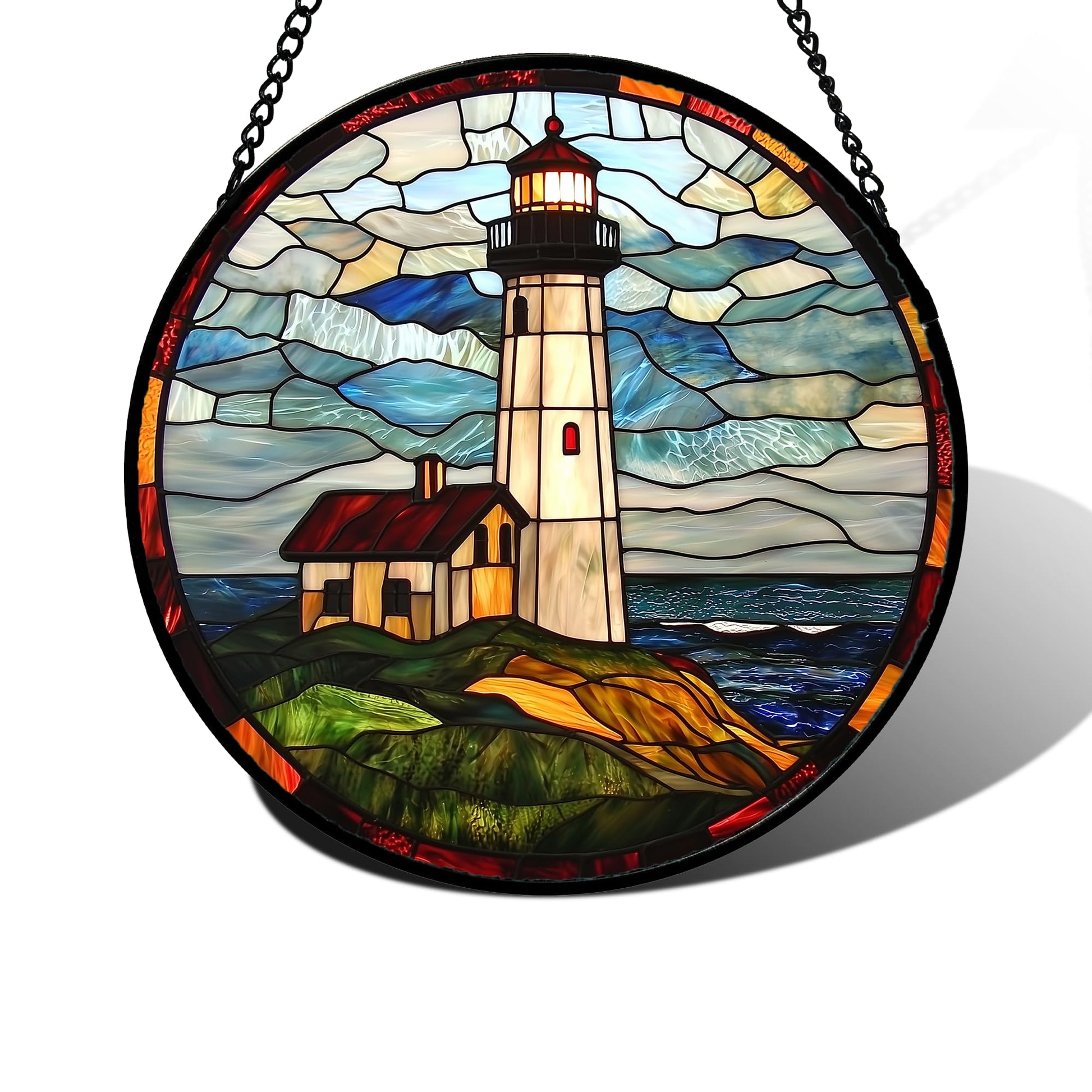 DASTOLL Stained Glass Window Hanging, Blue and White Waves Suncatcher Diamond Glass Panel Landscape Sun Catchers Decor for Birthday for Women, Men, Wife, Aunt, and Mom 7.8 in