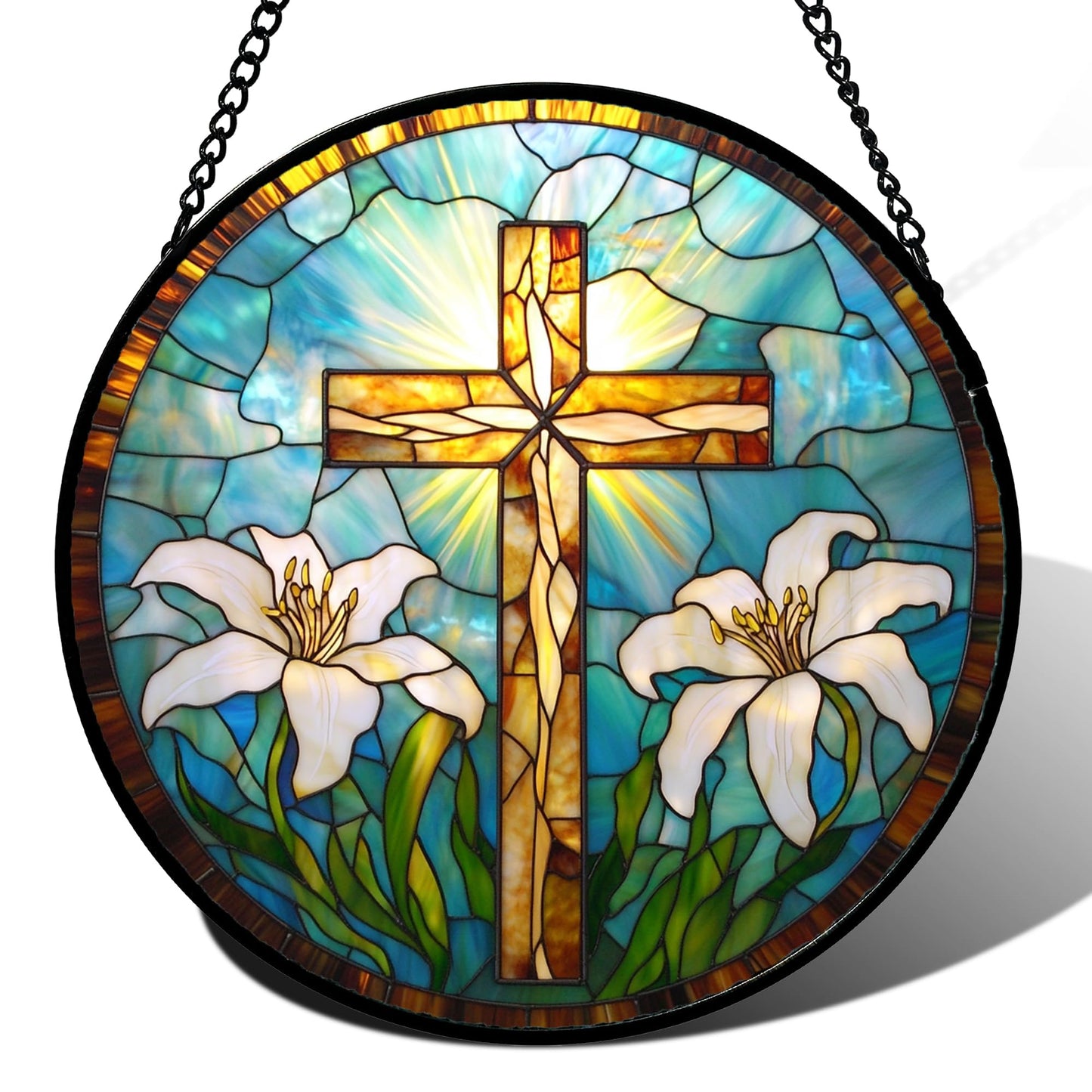 DASTOLL Stained Glass Window Hanging, Blue and White Waves Suncatcher Diamond Glass Panel Landscape Sun Catchers Decor for Birthday for Women, Men, Wife, Aunt, and Mom 7.8 in