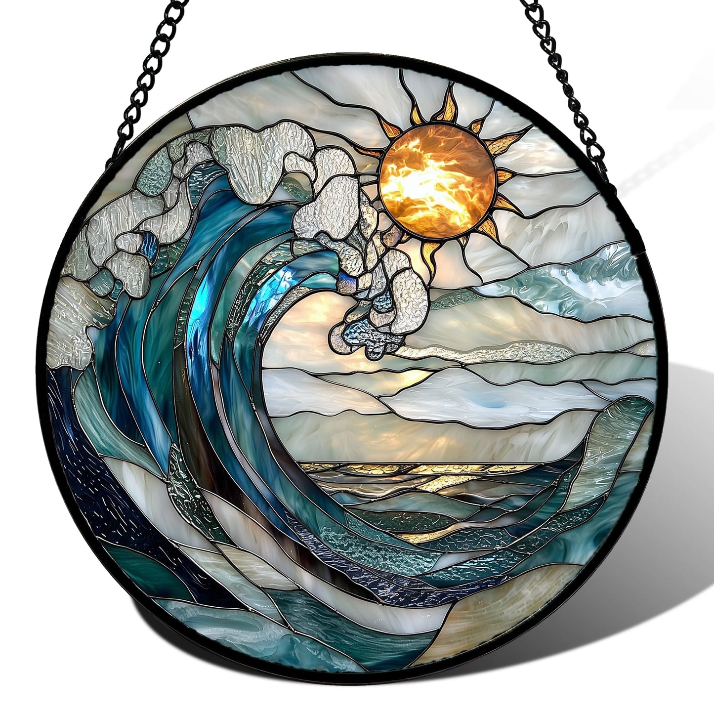 DASTOLL Stained Glass Window Hanging, Blue and White Waves Suncatcher Diamond Glass Panel Landscape Sun Catchers Decor for Birthday for Women, Men, Wife, Aunt, and Mom 7.8 in